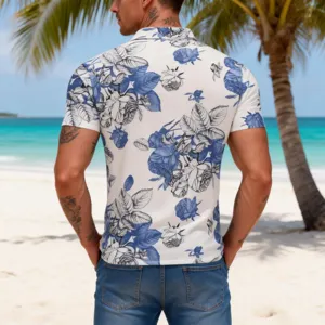 Mens Hawaiian short sleeve shirt, white blue floral print casual lapel button down top.