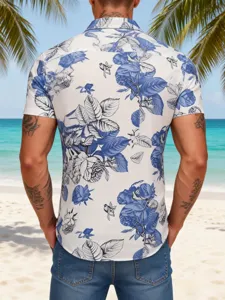 Men blue and white floral Hawaiian short sleeve shirt back view beach holiday casual top