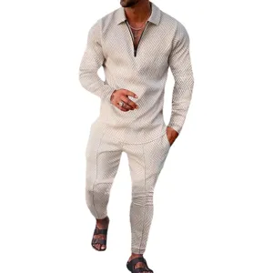 Men's autumn long sleeve polo shirt and trousers matching casual set, front view