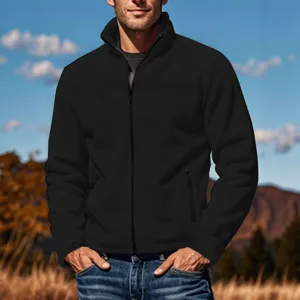 Herren schwarze Fleecejacke Reißverschluss Stehkragen Outdoor Herbst Winter warme Jacke