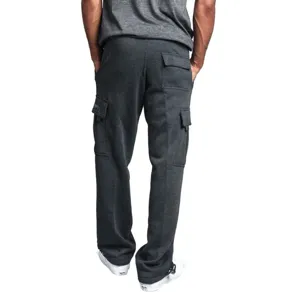 Men's thick brushed fleece cargo sweatpants in dark grey, featuring multiple functional pockets.