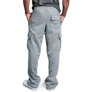 Mens grey fleece cargo sweatpants back view showing multi pockets and thick warm fit.