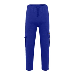 Detailed view of men's royal blue fleece cargo sweatpants with drawstring waist and pockets.