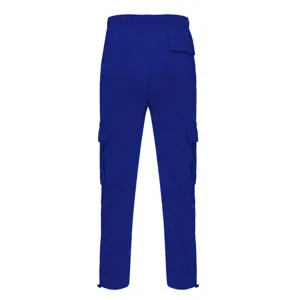 Detail view of thick fleece cargo sweatpants for men in royal blue, back perspective.