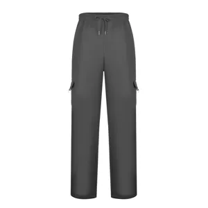 Men fleece cargo sweatpants detail view, thick winter joggers with multiple pockets and drawstring.