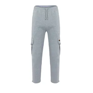Grey fleece cargo sweatpants detail with multi-pockets, drawstring waist, and cuffed hems.