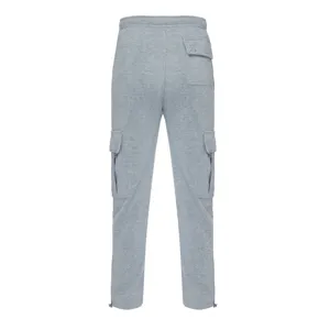 Back view detail of casual gray fleece cargo sweatpants showing multi pockets and cuffs.