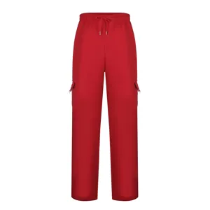 Men's red fleece lined cargo sweatpants with drawstring waist and functional pockets.