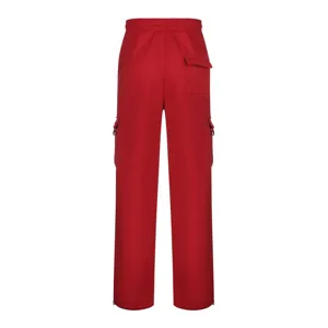 Men's thick fleece-lined red cargo sweatpants with multiple pockets and elastic waist.
