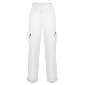 Detailed view of white thick fleece cargo sweatpants with multiple utility pockets and cinch hem.