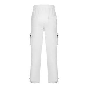 Men's thick white fleece cargo sweatpants with multiple utility pockets and elastic waist.