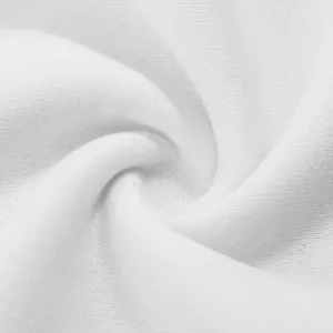Close-up fabric detail of white heavyweight brushed fleece material, soft texture and knit quality.