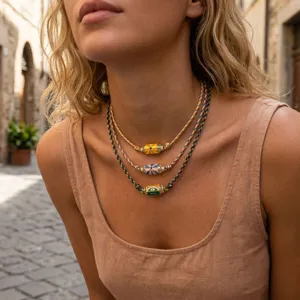 Detailed shot of layered evil eye braided necklaces featuring colorful hexagonal pendants.