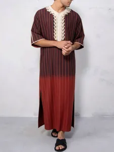 Herren traditioneller langer Robe Sommer lose V-Ausschnitt Kurzarm Farbverlauf Thobe