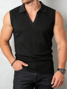 Men's black ribbed sleeveless polo shirt, solid color V-neck slim fit casual knit vest main view.