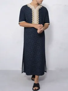 Herren lockeres V-Ausschnitt Halbarm bedrucktes langes Gewand traditionelle Kleidung Sommer.