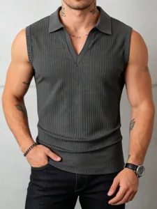 Men's vertical stripe ribbed sleeveless polo shirt solid color V-neck slim fit tank top
