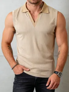 Men's casual knit sleeveless ribbed polo shirt in beige, front view showing V-neck design.