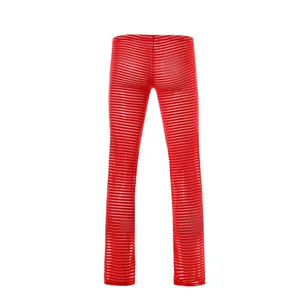 Pantaloni a righe trasparenti rossi da uomo, sexy pantaloni da notte in rete lounge.