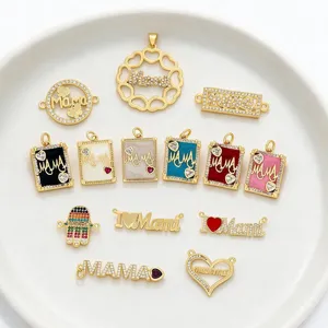 Pendentif Lettre MAMA en Strass Plaqué Or Breloques Rondes en Forme de Cœur Huile de Goutte pour Collier Bracelet DIY Fête des Mères Accessori de Bijoux