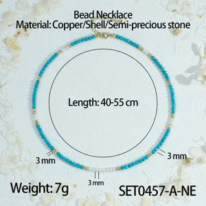Turquoise imitation pearl beaded necklace detail view showing length and material specs.