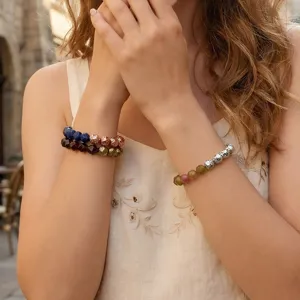 Gefacetteerde Natuurlijke Halfedelsteen Elastische Armband Vergulde Lavasteen Contrastkleur Kralen Armband Sieraden Voor Unisex
