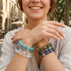 Detailed view of irregular square gemstone stacked bracelets, versatile commuting hand jewelry.