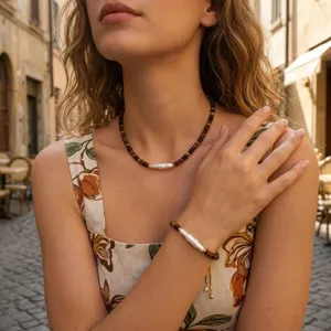 Ensemble de bijoux collier bracelet perle baroque et perles plates oeil de tigre