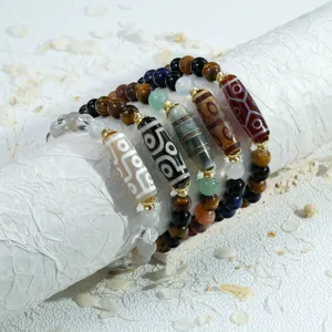 Tibetan style multi-color gemstone Dzi bead bracelet vintage ethnic crystal jewelry set.