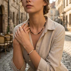 Handmade beaded necklace bracelet set, delicate layered choker jewelry detail showcase.