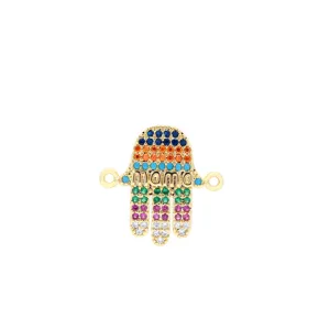 Détail de connecteur main de Fatima doré avec zirconias multicolores et lettre mama.