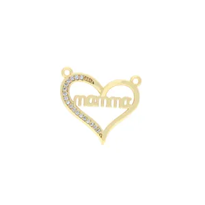 Détail pendentif cœur plaqué or, inscription mamma ajourée, oxydes de zirconium, breloque DIY.