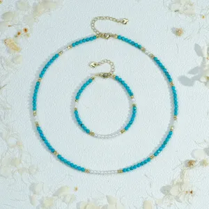 Turquoise and faux pearl beaded necklace and bracelet set, dainty layered jewelry.