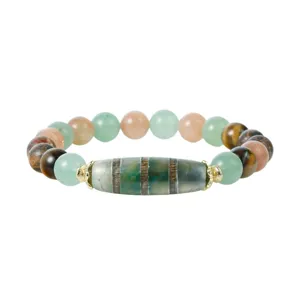 Close-up view of ethnic style multi-color gemstone beaded bracelet with unique central pillar bead.