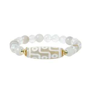 Tibetan style beaded bracelet with vintage ethnic center bead and clear crystal stones.