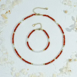 Red Beaded Pearl Spliced Necklace Bracelet Set Handcrafted Stackable Choker Jewelry