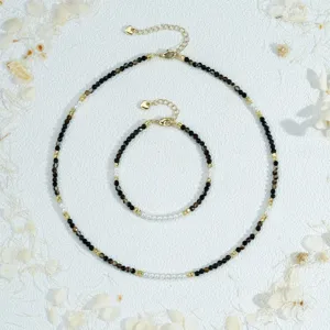 Beaded necklace bracelet set handmade stacked choker jewelry with pearls and metal charms