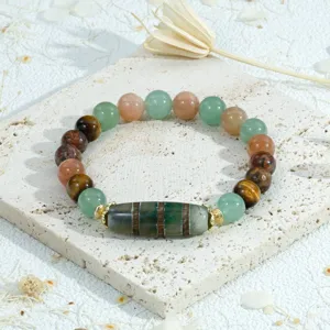 Boho style multi-color gemstone beaded bracelet with ethnic pattern Dzi bead charm.