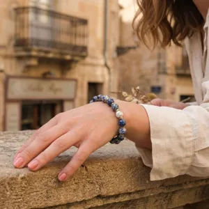 Vintage natural stone beaded bracelet with metallic spacers, elegant lifestyle jewelry for daily wear.