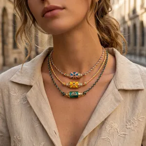 Detailed view of fashionable colorful braided necklaces with unique hexagonal enamel charms.