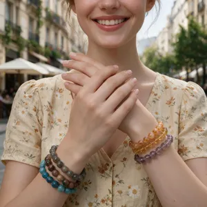 Kleurrijke kristalen kralenarmband stapel, trendy amethist en edelsteen hand sieraden voor vrouwen.
