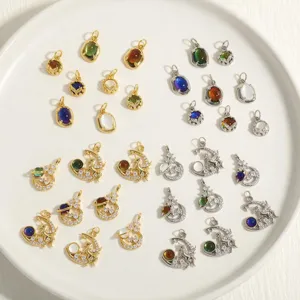 18K Gold Plated Copper Iridescent Gemstone Charms Zirconia Inlaid Unicorn Star Moon Leaf Pendants For DIY Necklace Bracelet Jewelry Making Accessories