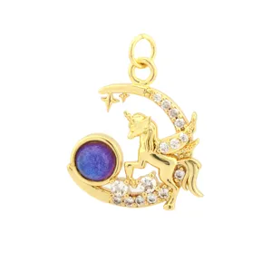 18K Gold Plated Unicorn Star Moon Pendant with Purple Gemstone and Zirconia for DIY.