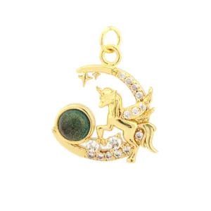 Gold plated unicorn moon pendant with magic gem and sparkly zirconias for DIY jewelry making