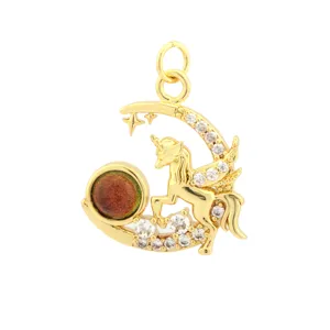 Gold unicorn crescent moon pendant DIY jewelry accessory sparkling cubic zirconia charm
