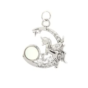 Close-up detail of a silver-tone crescent moon and unicorn pendant with shimmering stone.