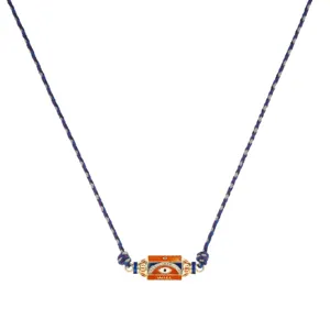 Colorful candy hexagonal prism evil eye necklace with braided cord and unique designer pendant.