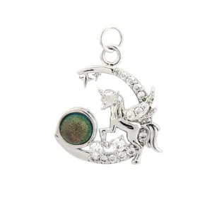 Silver plated unicorn crescent moon pendant with iridescent stone and sparkling cubic zirconia.