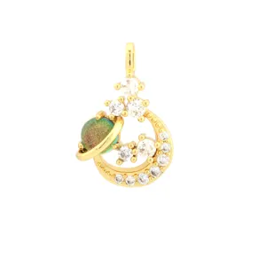 Detailed shot of gold plated star moon planet pendant with cubic zirconia for DIY jewelry making.