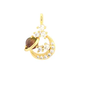 Exquisite 18k gold plated copper star moon planet pendant with shiny zirconia and colorful gem.